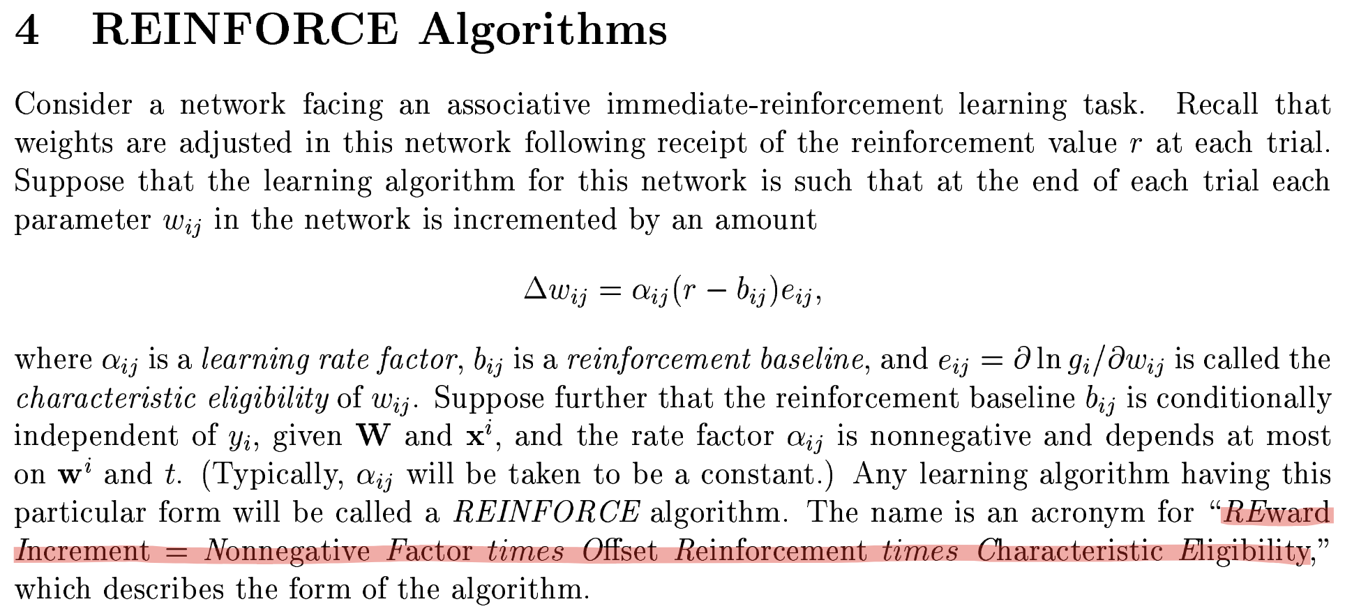 REINFORCE 原始论文截图